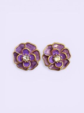 Purple Floral Enamel Stud Earrings with Gold Trim
